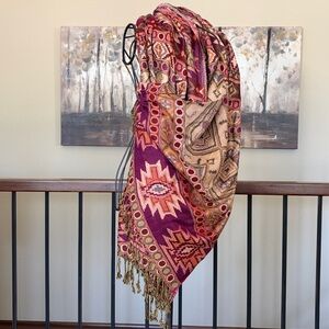 NEW Rachel Zoe Multicolor Aztec Motif Large Transitional Fringed Wrap/Scarf